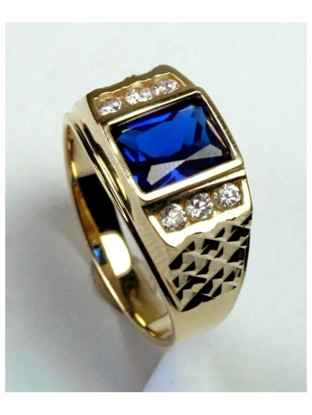 Blue square with accents - Ring - Gold - CZs - Size 13